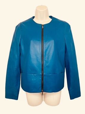 Anne Klein  Size 6 Teal Faux Leather Jacket Moto Zip Front Pockets Vintage Y2K